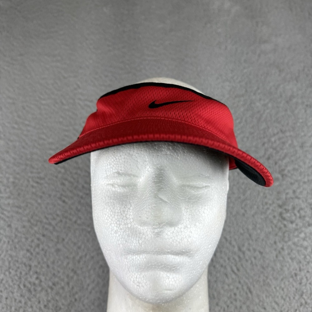 Nike‎ Y2K Visor Hat Cap Strap Back Black Red Swoosh Adjustable Vintage Gray Tag